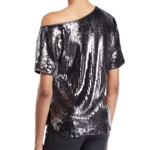 Amanda Uprichard Black Silver Sequined One-Shoulder Top Asymmetric Size Small - Picture 2 of 9